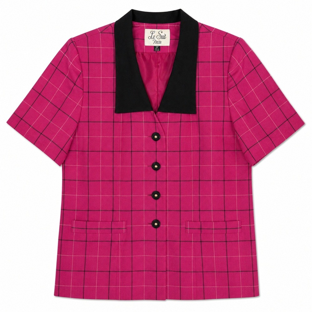 Le Suit Petite vtg Hot Pink Black Grid Blazer Sz 12P Maximalist Clueless Preppy